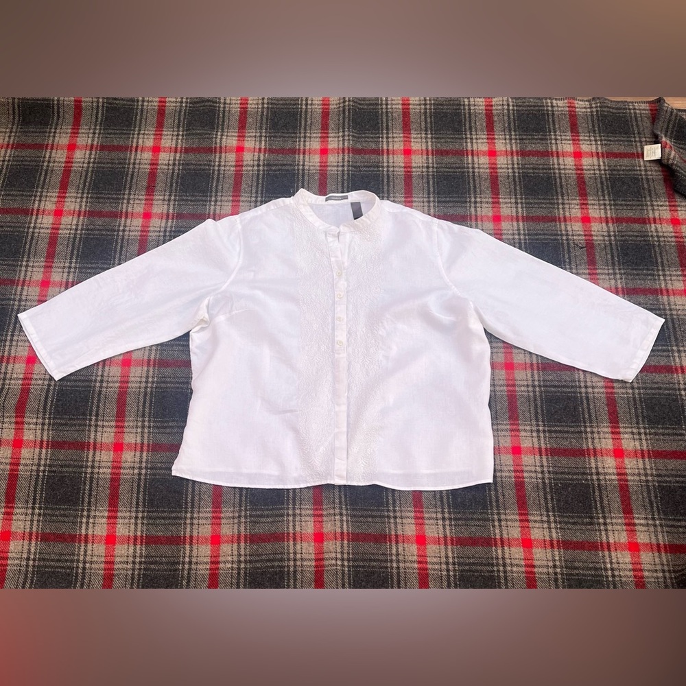 Liz Claiborne Womens 3X 100% Linen Long Sleeve Button Up White Shirt Plus Size